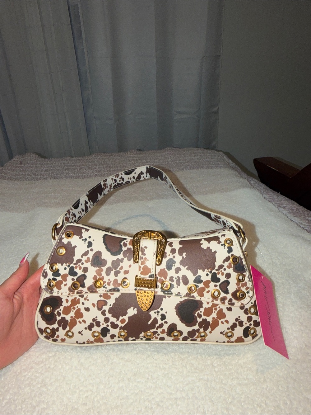 Betsey Johnson Brown and White Cow Print Studded Shoulder Bag